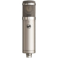 Warm Audio WA-47jr SE condenser microphone with nickel finish, front view showing microphone grille and branding.
