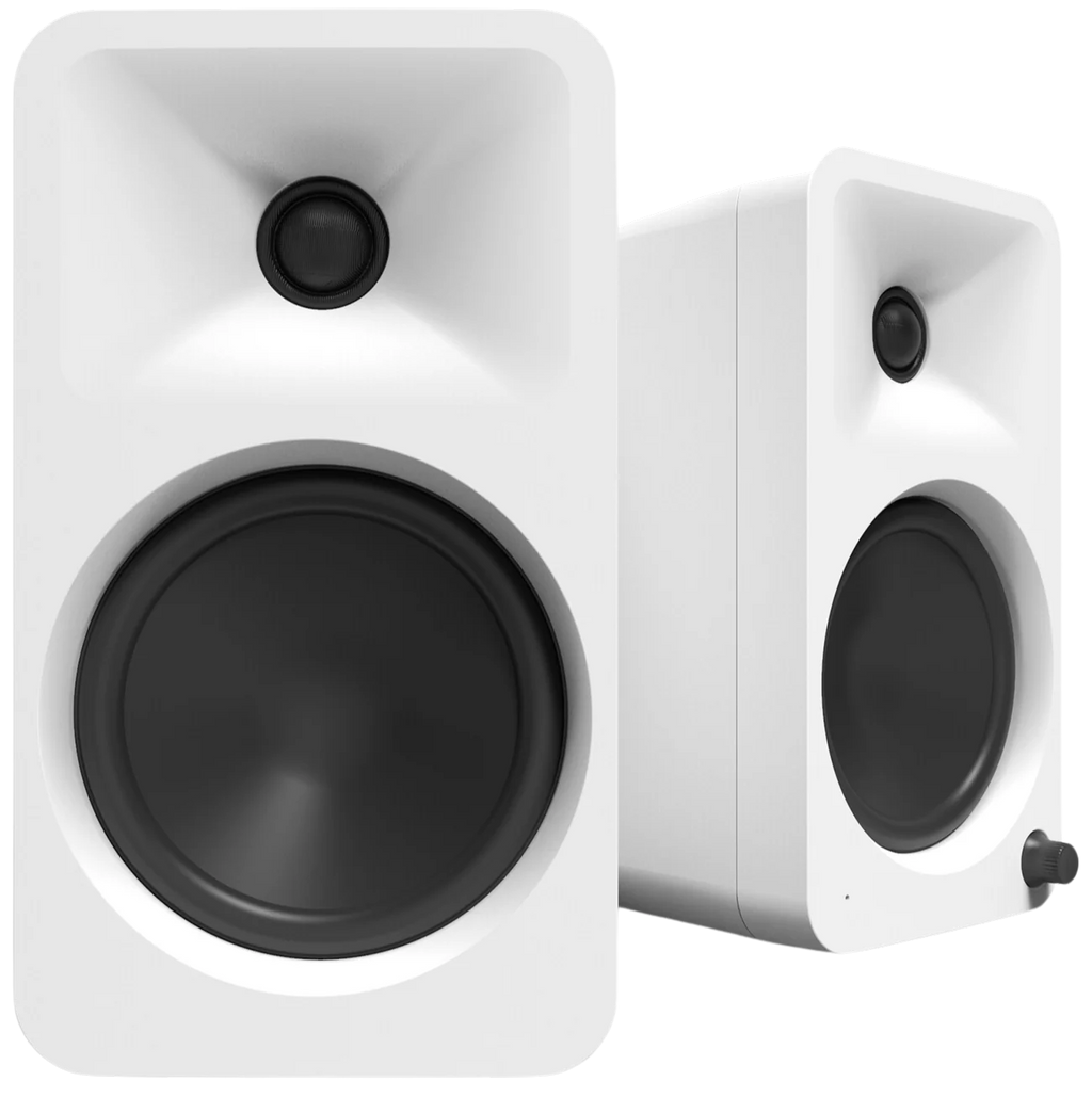 Kanto Audio Ora 4 desktop speakers with sleek black finish, compact design, and volume controls on the front panel.