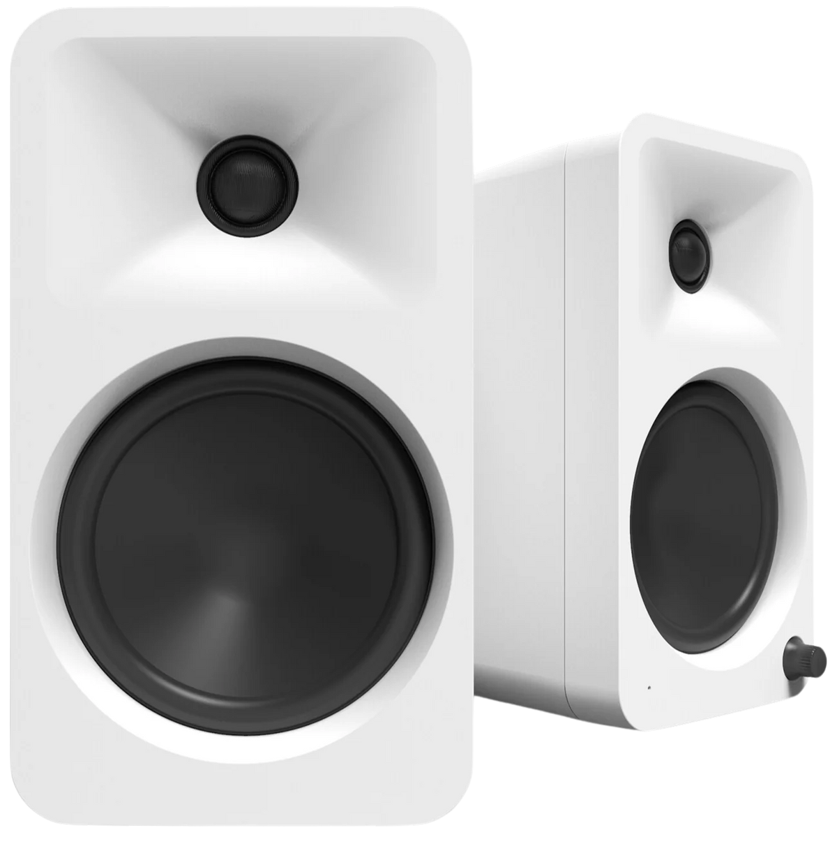 Kanto Audio Ora 4 desktop speakers with sleek black finish, compact design, and volume controls on the front panel.