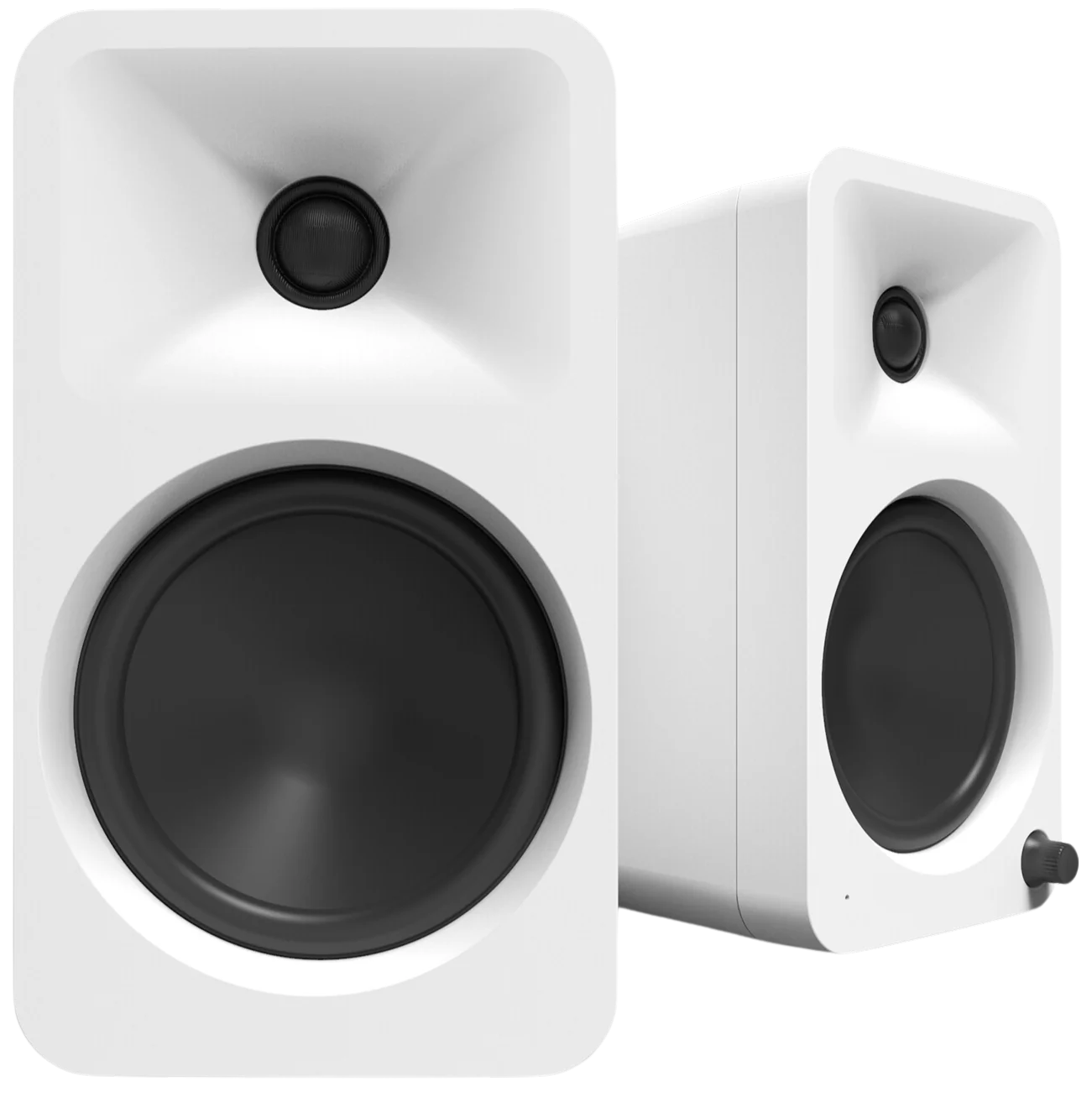 Kanto Audio Ora 4 desktop speakers with sleek black finish, compact design, and volume controls on the front panel.
