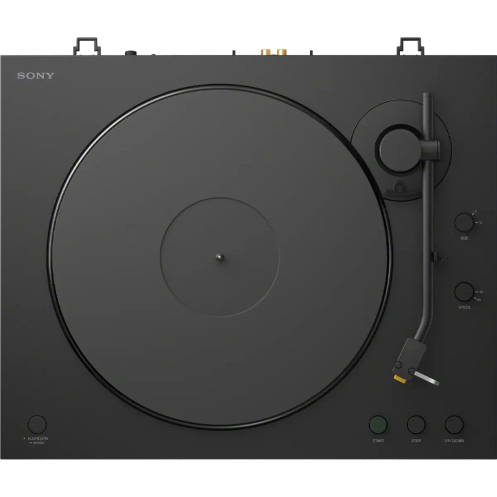 Sony PS-LX5BT turntable with a sleek black design and tonearm, featuring Bluetooth connectivity and modern audio features.