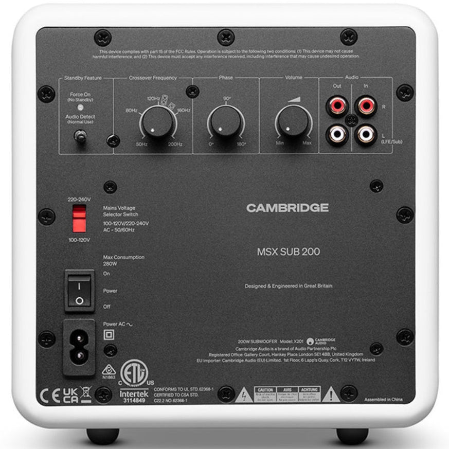 Cambridge Audio MSX Sub 200 subwoofer with sleek black enclosure and front control panel for deep bass audio.