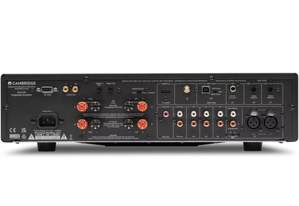 Cambridge Audio EXA100 stereo amplifier with sleek black design and front control knobs, ideal for high-quality audio amplification.