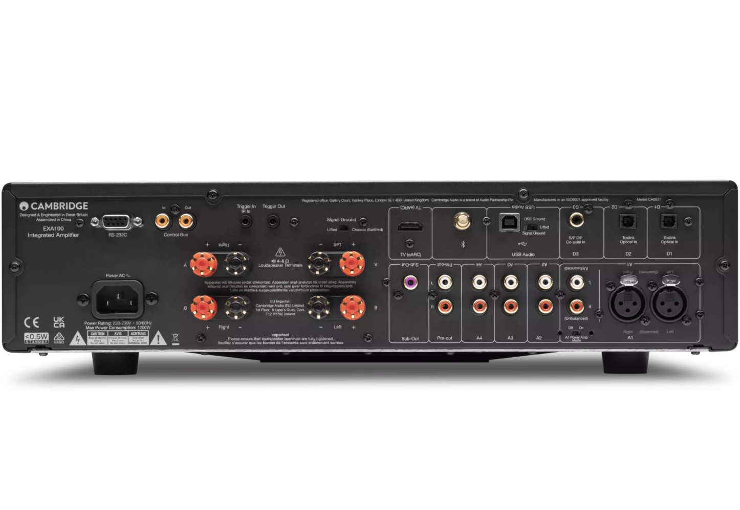Cambridge Audio EXA100 stereo amplifier with sleek black design and front control knobs, ideal for high-quality audio amplification.