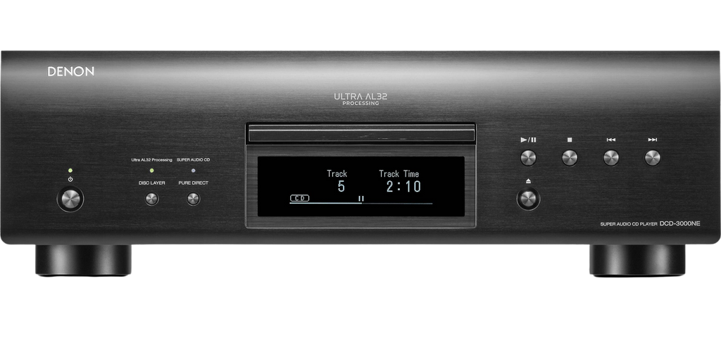 Denon DCD-3000NE CD player with sleek black design and digital display showing disc tray and control buttons.