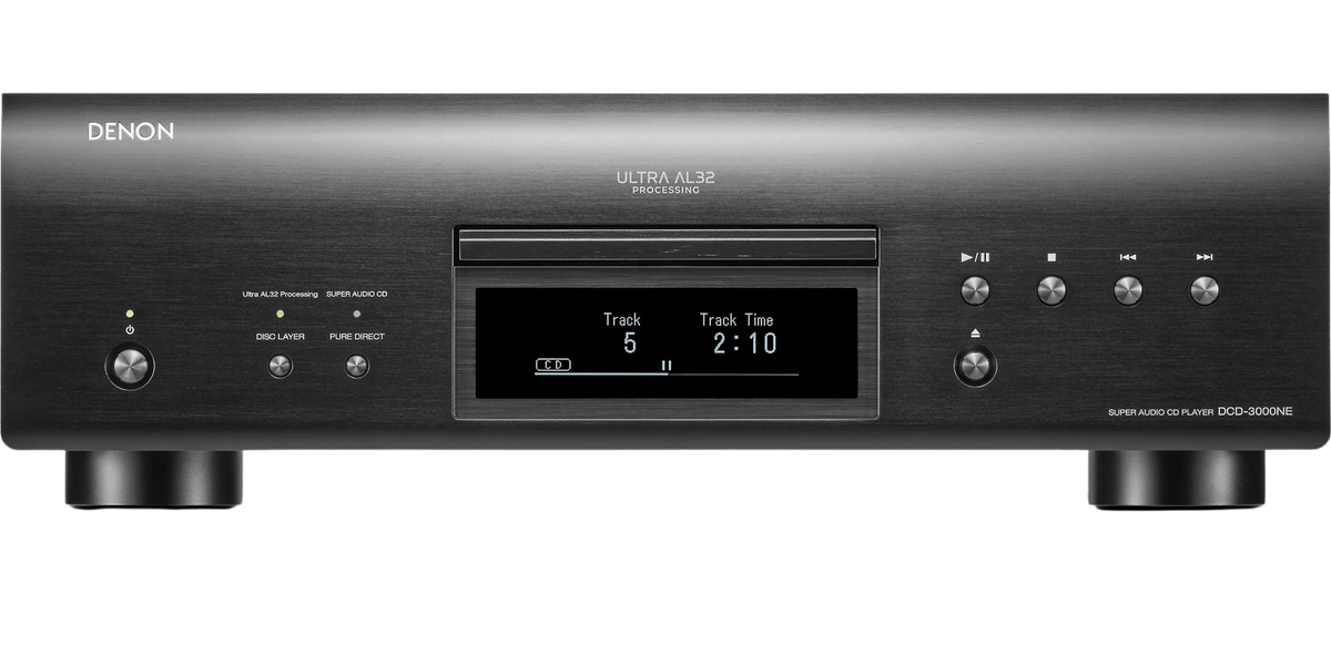 Denon DCD-3000NE CD player with sleek black design and digital display showing disc tray and control buttons.
