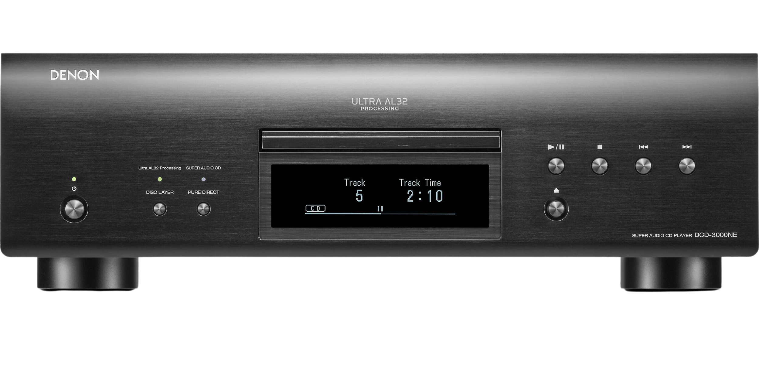 Denon DCD-3000NE CD player with sleek black design and digital display showing disc tray and control buttons.