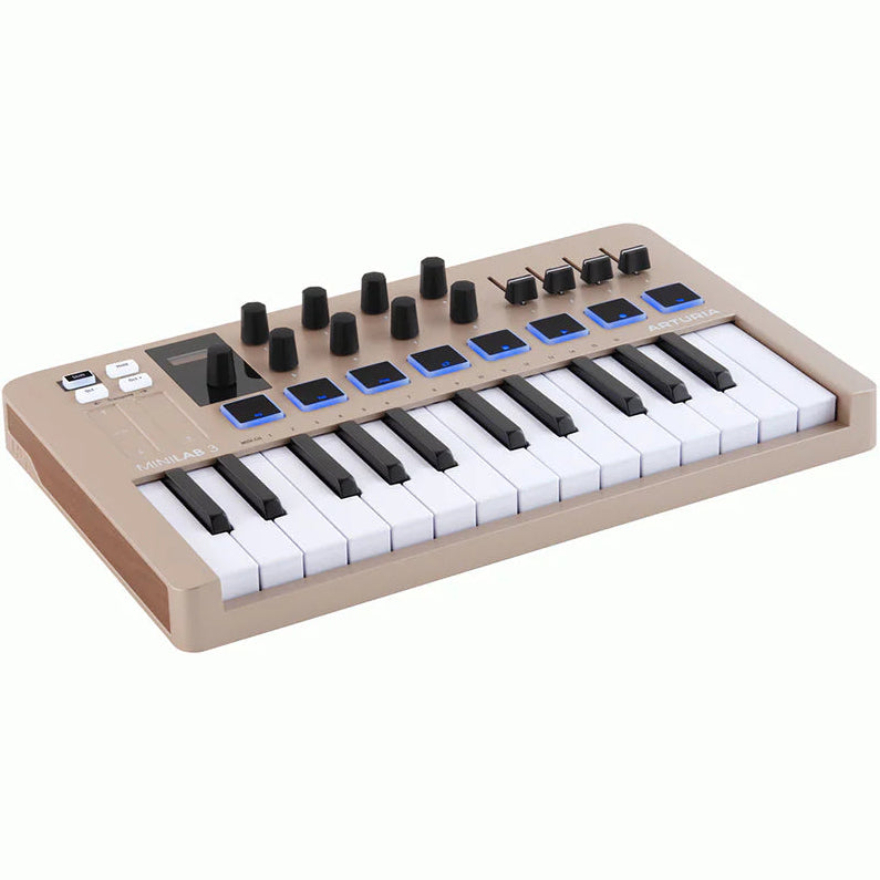 Arturia MiniLab 3 MIDI keyboard with compact design, featuring knobs, pads, and keys for music production and creative music-making.