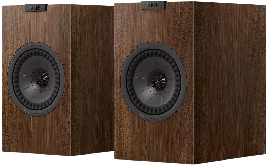 KEF Q1 Meta passive bookshelf speakers with black finish, showcasing compact design and front-facing speaker drivers.