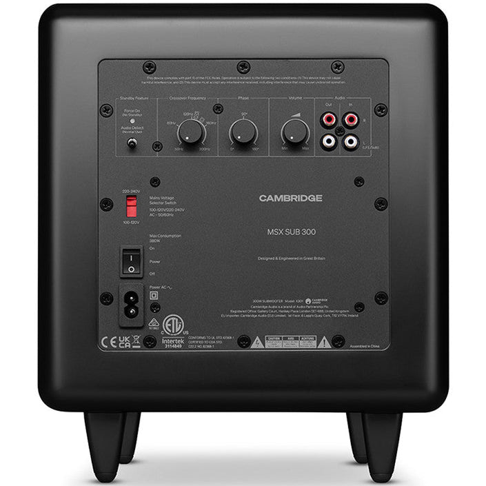 Cambridge Audio MSX Sub 300 subwoofer with sleek black design and large speaker cone for deep bass sound.