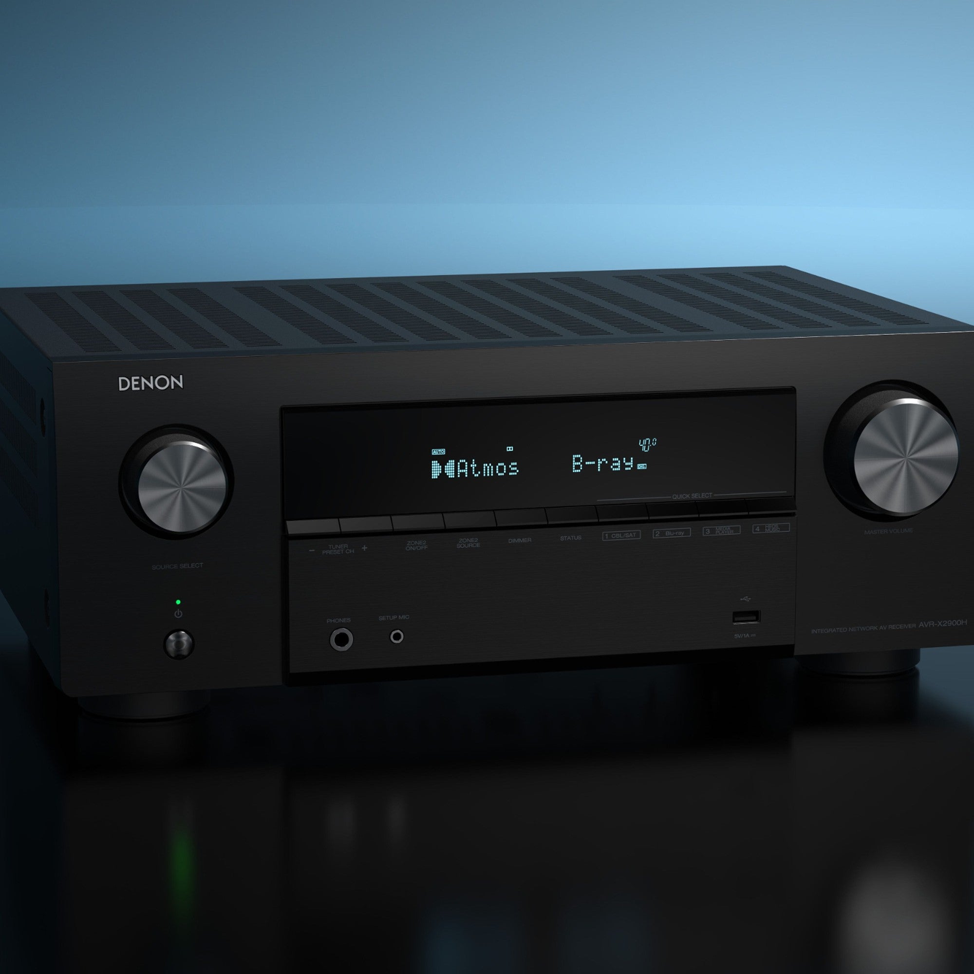 Denon AVR-X2900H DAB stereo amplifier with multiple audio input ports and digital display, showcasing its front panel features.