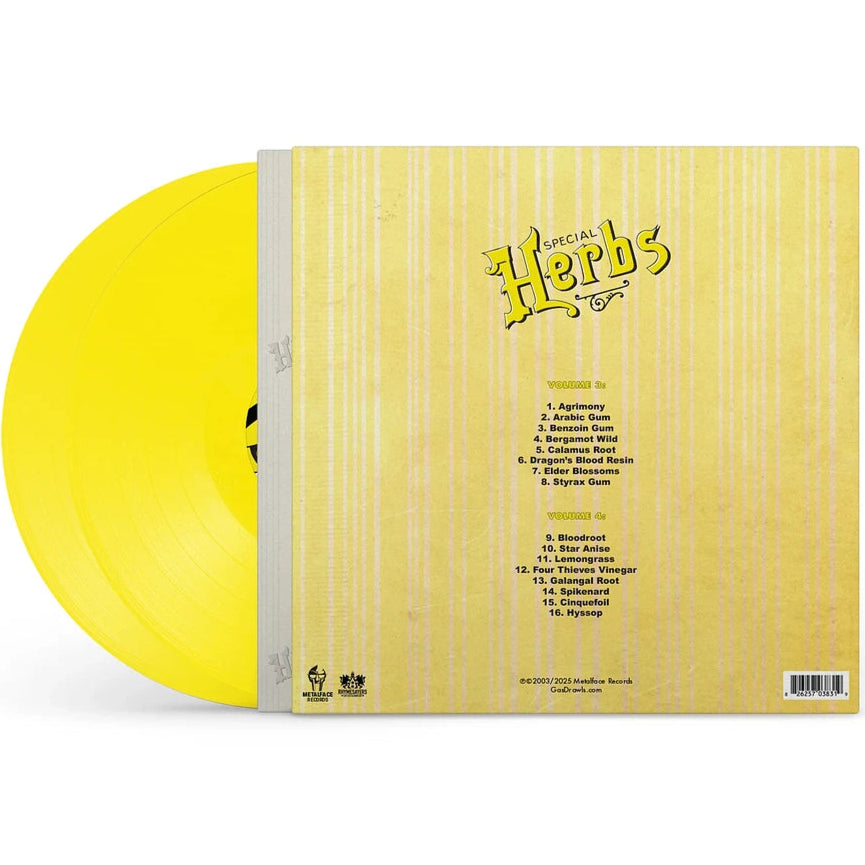 Yellow vinyl record for MF Doom's Special Herbs Vol. 3 & 4 by Rhymesayers, featuring hip-hop and rap music.
