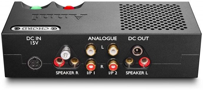 Chord Electronics Anni stereo amplifier with sleek black design and control knobs, showcasing high-end audio equipment.
