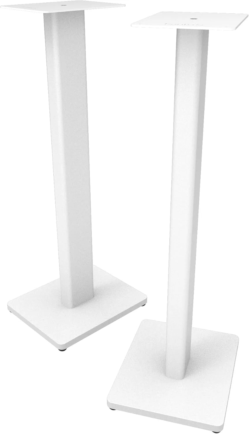 Kanto Audio ST28 speaker stands holding a pair of bookshelf speakers, black metal construction with adjustable height.