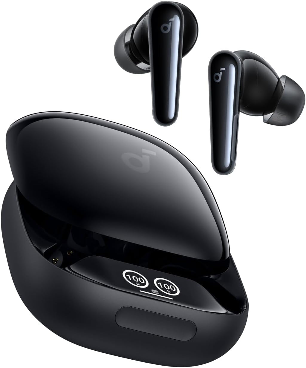 Wireless in-ear headphones by Soundcore Liberty 4 Pro with black earbuds and sleek charging case.