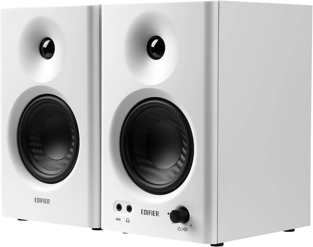 Edifier MR4 desktop speakers with sleek black design and compact size, ideal for computer or home audio setup.