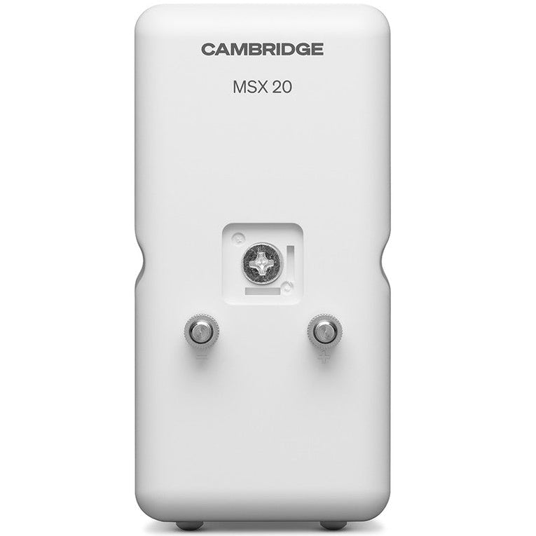 Cambridge Audio MSX 20 speakers with sleek black design and compact build, showcasing modern home audio equipment.