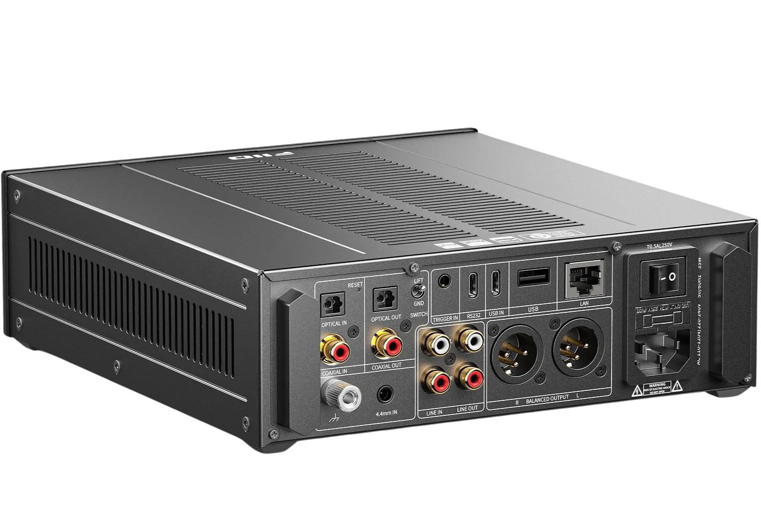 FiiO K17 headphone amplifier and DAC with sleek black design, multiple input ports and volume controls for high-quality audio.