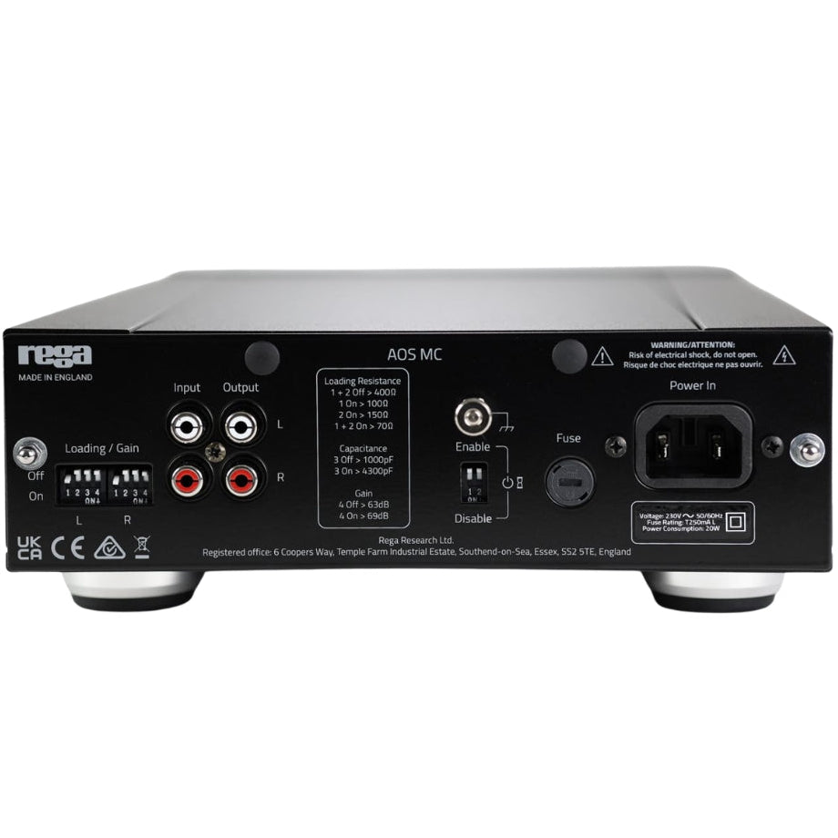 Rega AOS MC phono preamp with sleek design and control knobs, used for enhancing turntable audio signals.