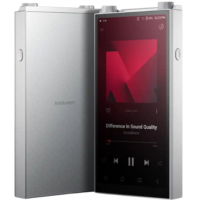 Astell&Kern PD20 portable music player with sleek black design and touchscreen display, showing control buttons on the front.