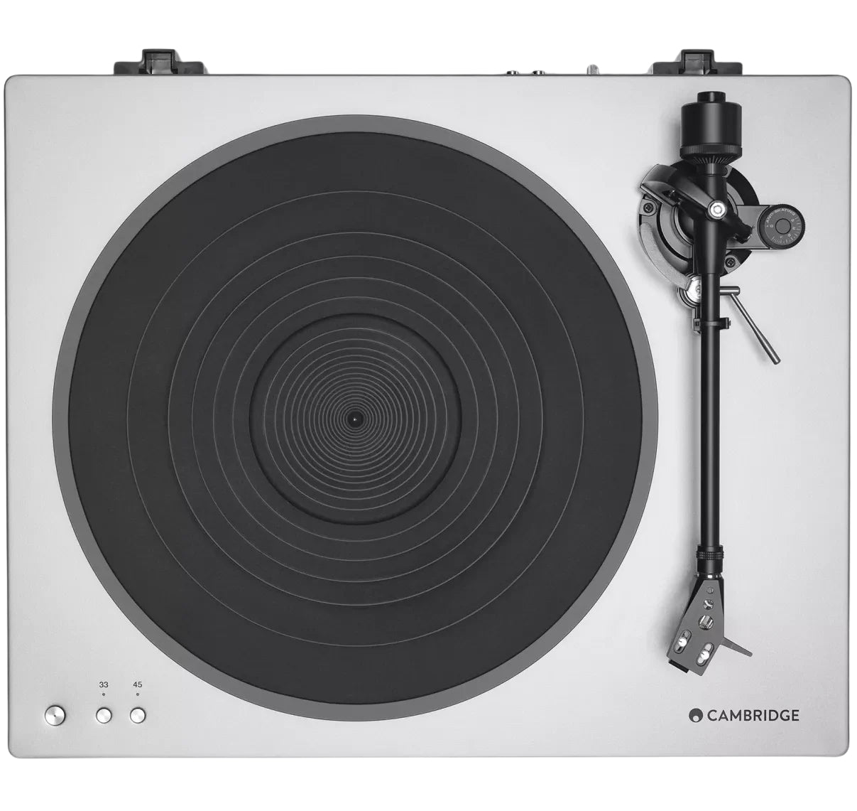 Cambridge Audio Alva ST turntable with sleek design, tonearm and stylus visible, showcasing high-quality audio equipment.