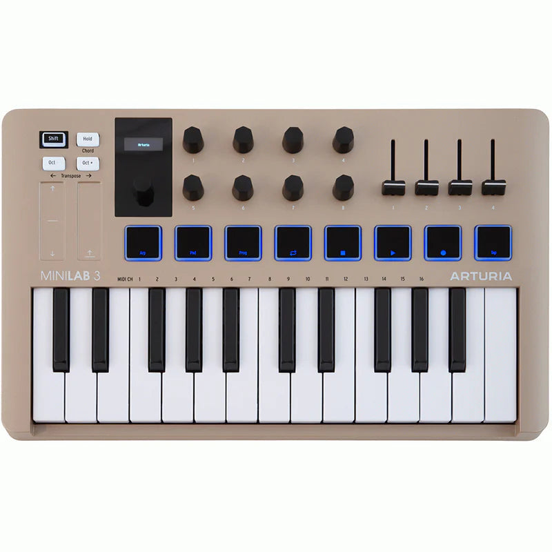 Arturia MiniLab 3 MIDI keyboard with compact design, featuring keys, knobs, and control pads for music production.