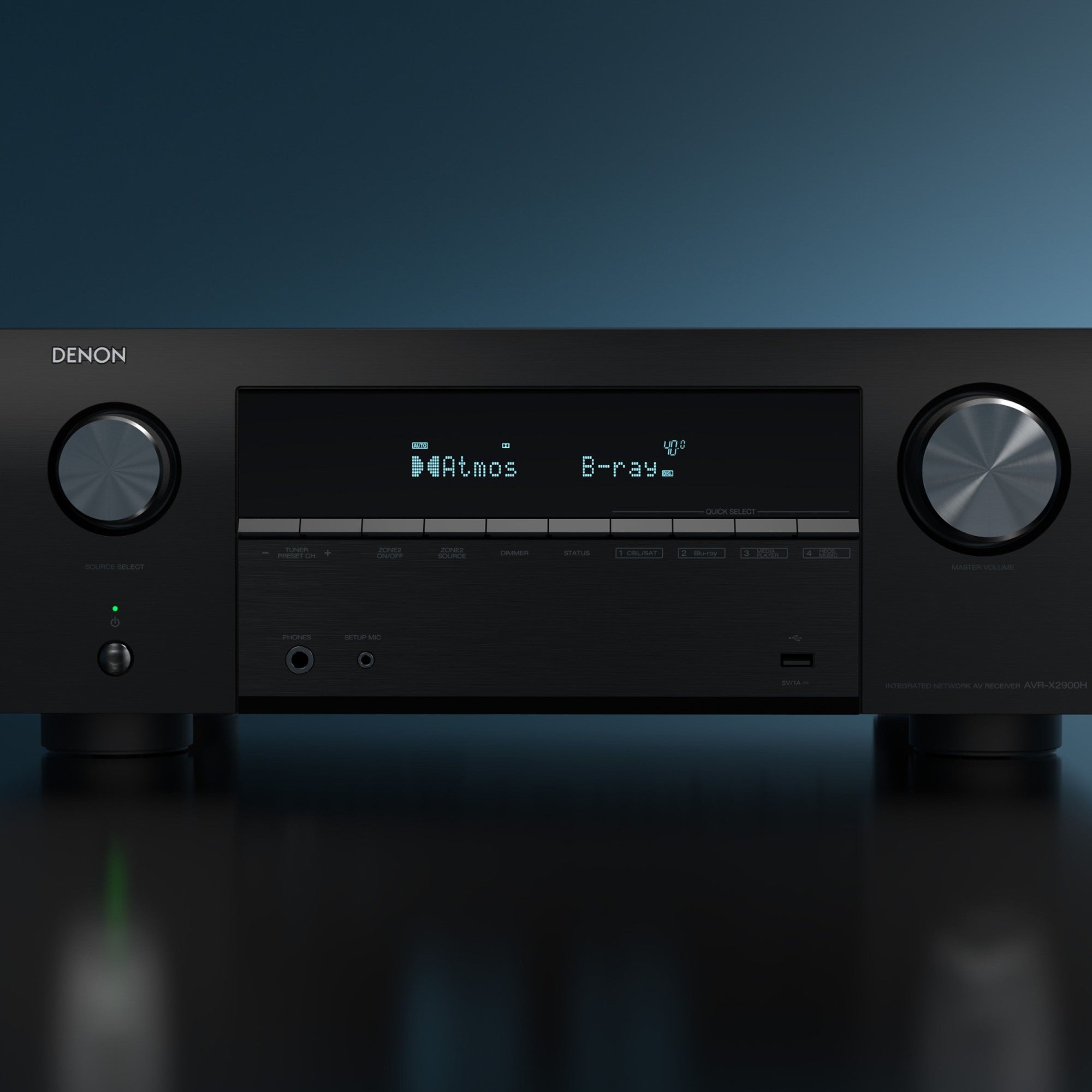Denon AVR-X2900H DAB stereo amplifier with front panel controls and display, showcasing high-quality audio equipment design.