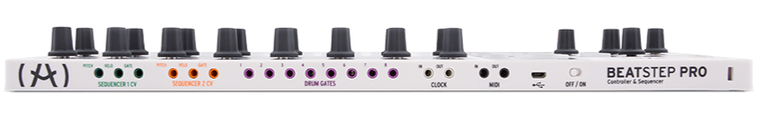 Arturia BeatStep Pro sequencer device with multiple control knobs and pads, showcasing its professional music production interface.