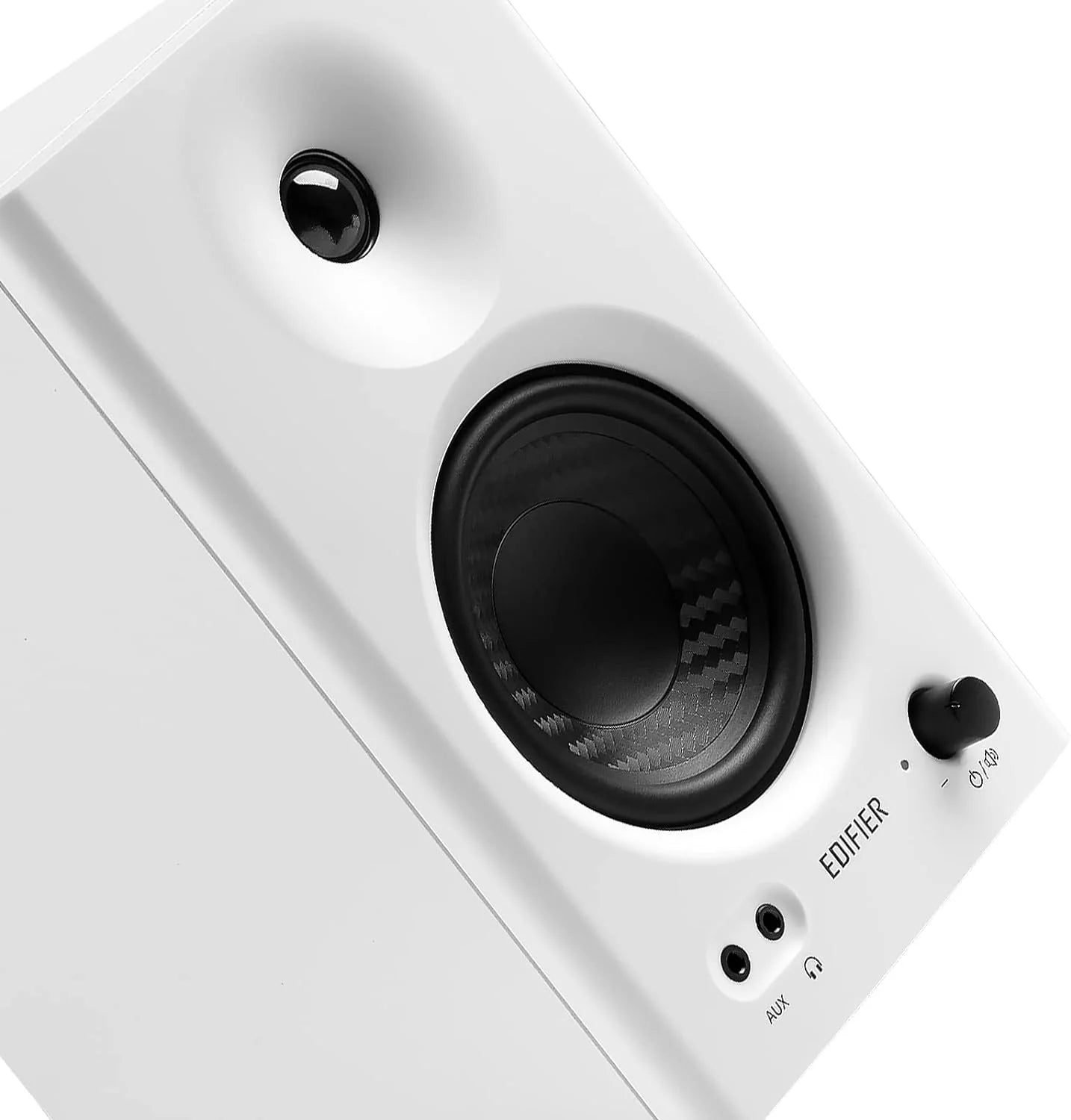 Edifier MR4 desktop speakers with black finish and compact design, featuring side-mounted controls and modern audio setup.
