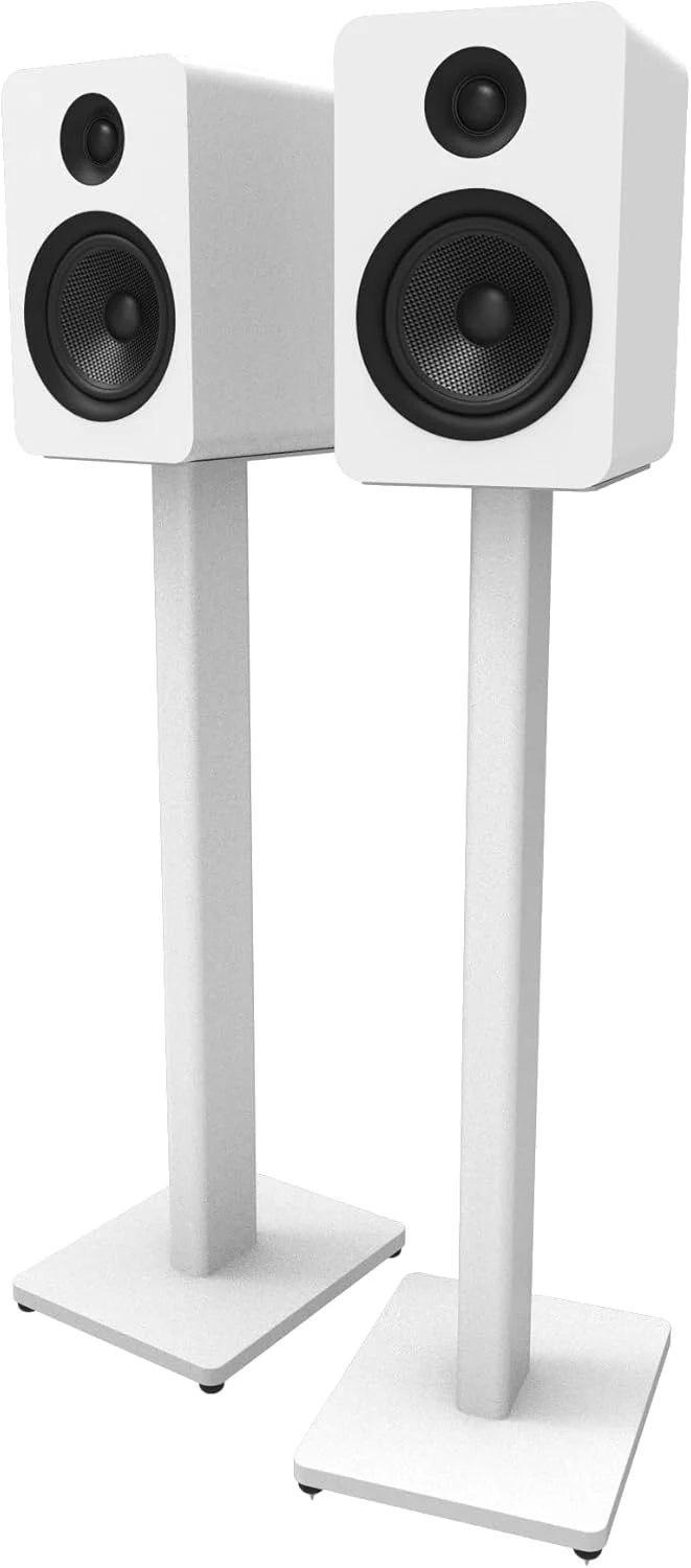 Kanto Audio ST28 speaker stands with adjustable height and black finish, designed to elevate and support audio speakers.
