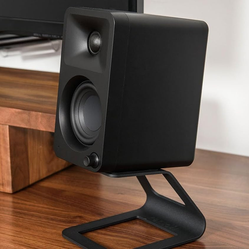 Kanto Audio Ora desktop speakers with sleek black finish and compact design, ideal for high-quality computer or multimedia audio.