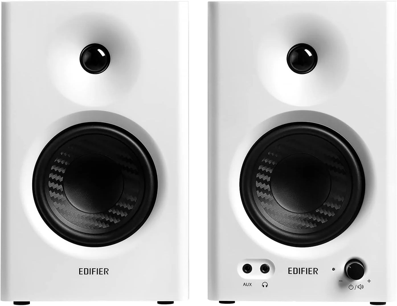 Edifier MR4 desktop speakers with sleek black design and compact size, featuring dual drivers and modern audio technology