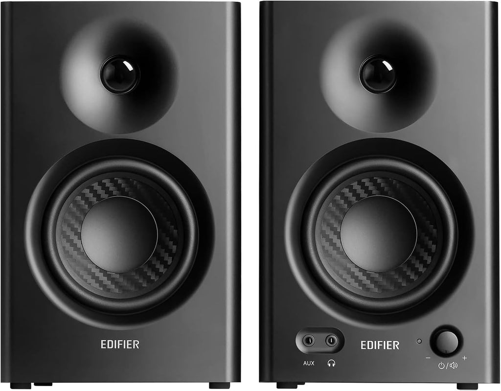 Edifier MR4 desktop speakers with black finish, showcasing compact design and control knobs on the front panel.
