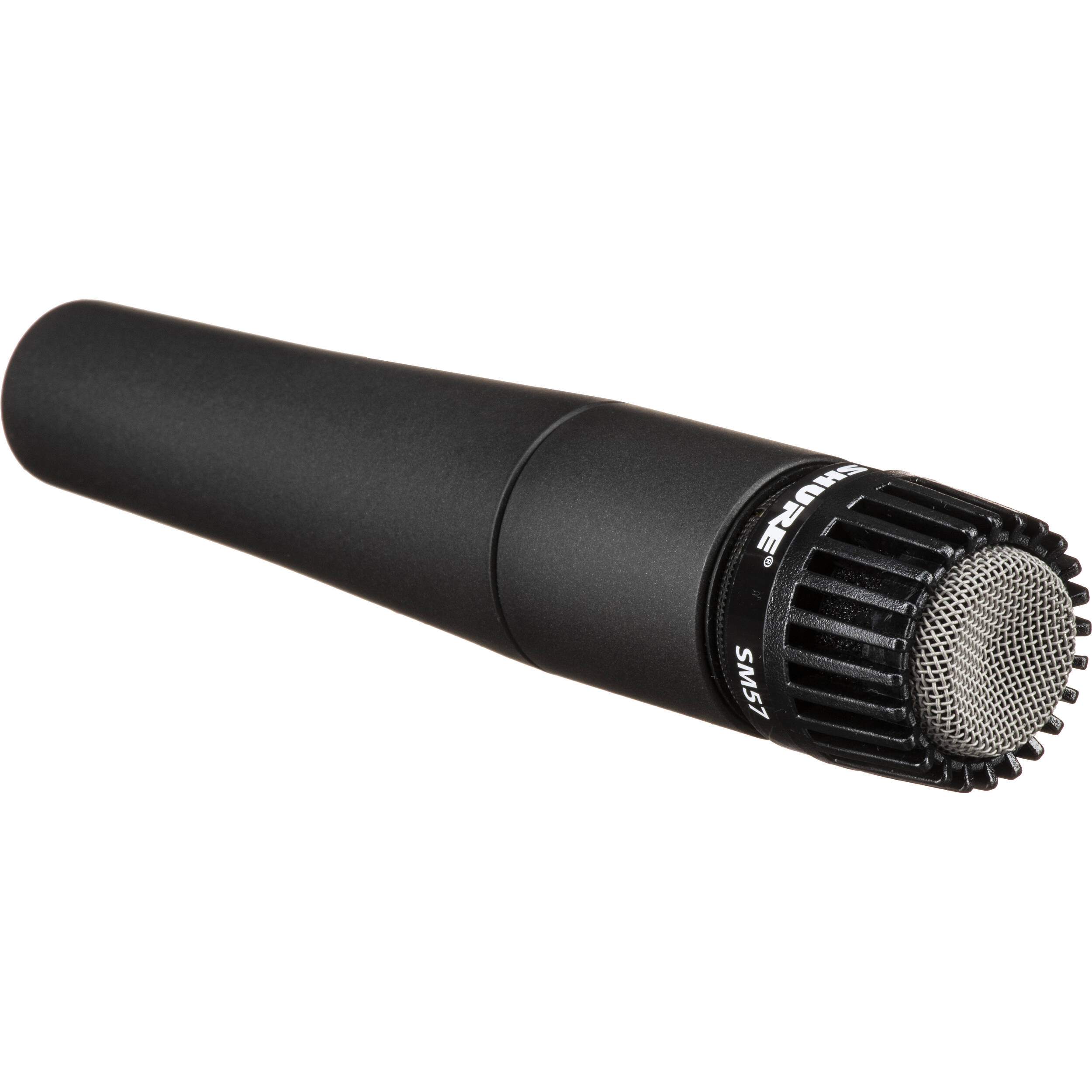 Shure SM57-LCE dynamic microphone with silver finish, mounted on a stand, suitable for musical and vocal recording.