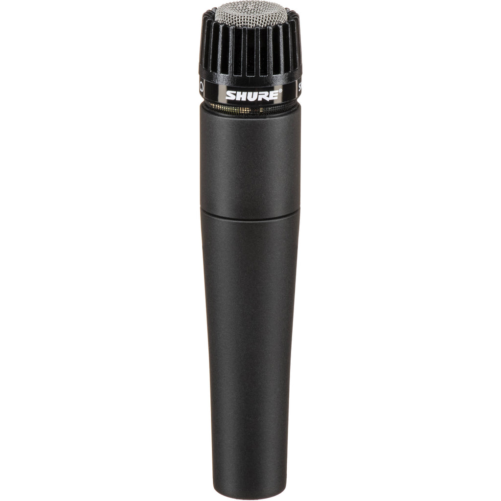 Shure SM57-LCE dynamic microphone with metal grille and black body, ideal for vocals and instrument recording.
