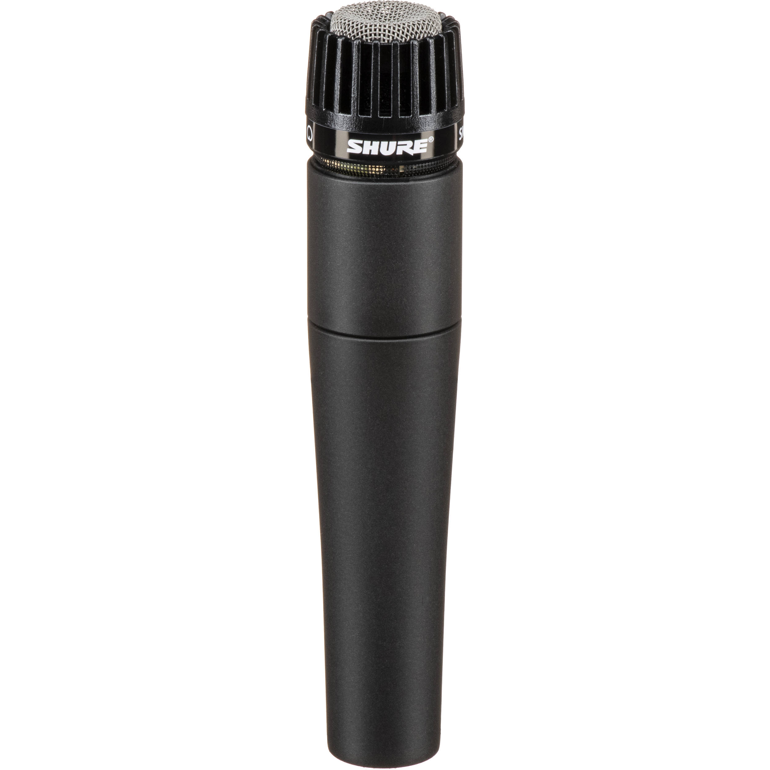 Shure SM57-LCE dynamic microphone with metal grille and black body, ideal for vocals and instrument recording.