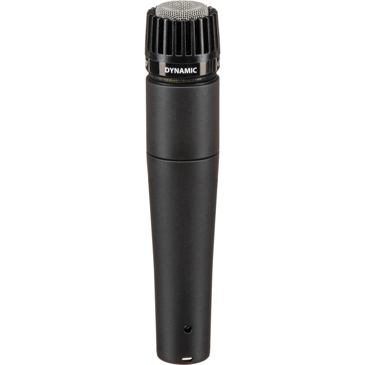 Shure SM57-LCE dynamic microphone with metal grille and black body for musical and vocal recording, shown on a stand