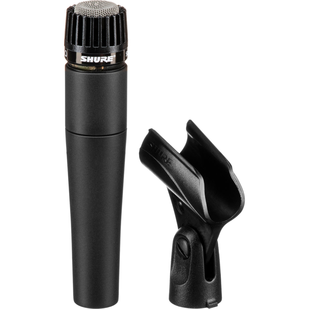Shure SM57-LCE dynamic microphone with black grille and metal body, ideal for instrument and vocal recording.