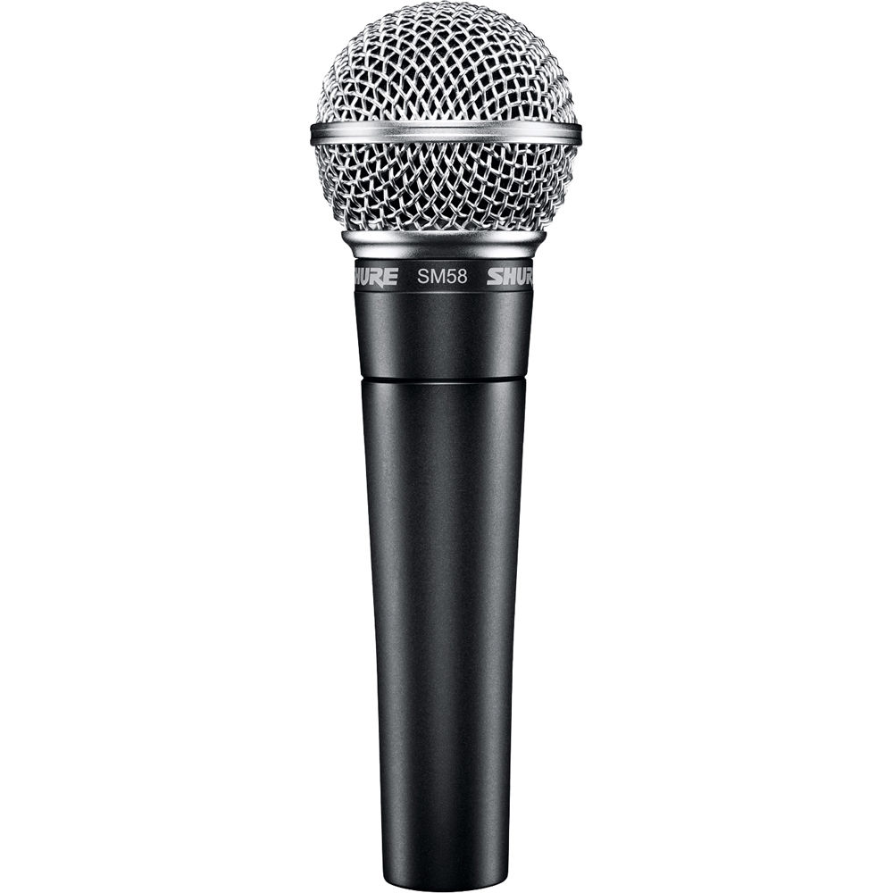 Shure SM58-LCE dynamic microphone without switch, professional vocal microphone with metal grille and black body.