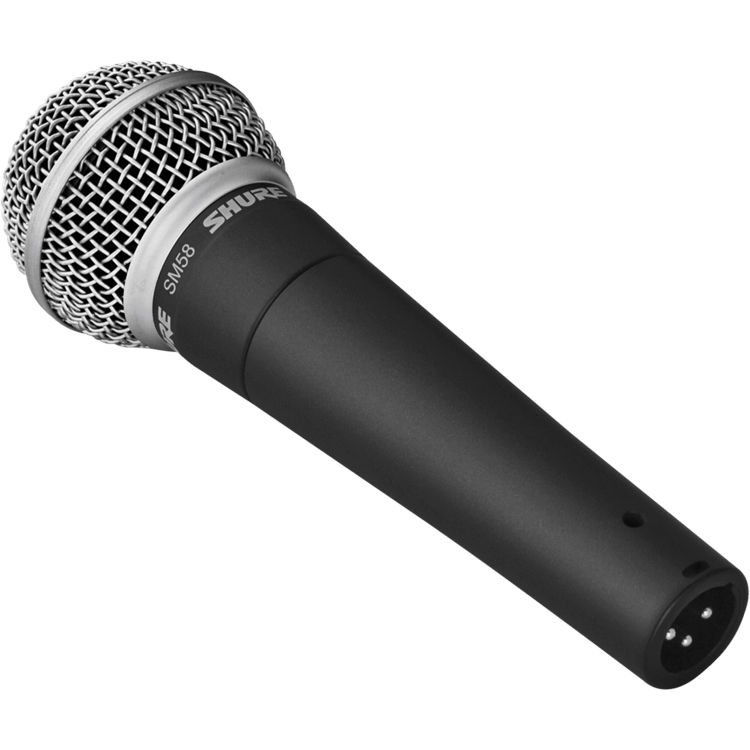 Shure SM58-LCE dynamic microphone without switch, showing its rugged metal body and cardioid capsule for vocals and live sound.
