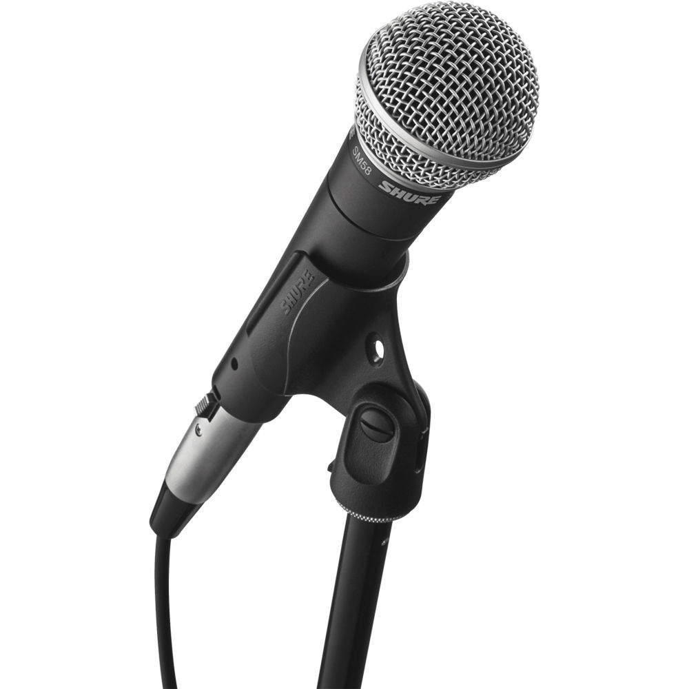 Shure SM58-LCE dynamic microphone without switch, showing its sturdy metal body and cardioid microphone capsule.