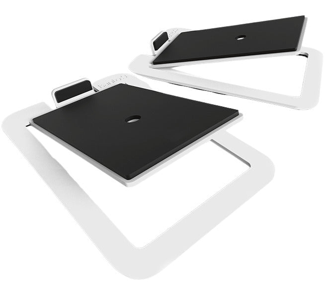 Kanto Audio S4 desktop speaker stands with black metal construction and adjustable height for optimal speaker positioning.