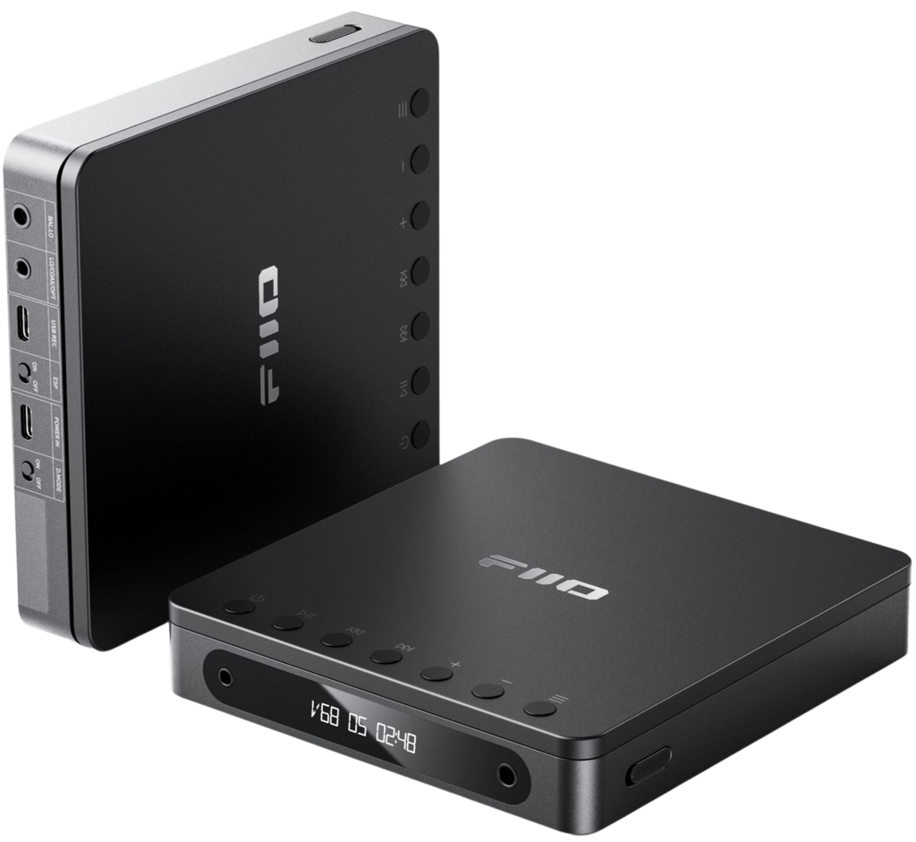 FiiO DM13 BT portable music player with sleek black design and control buttons, wireless Bluetooth connectivity, and digital display.