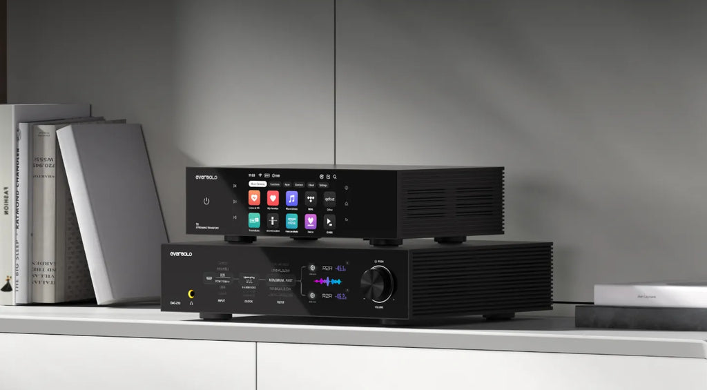 Eversolo T8 music streamer with sleek black design and front display, showing control buttons and connectivity ports.