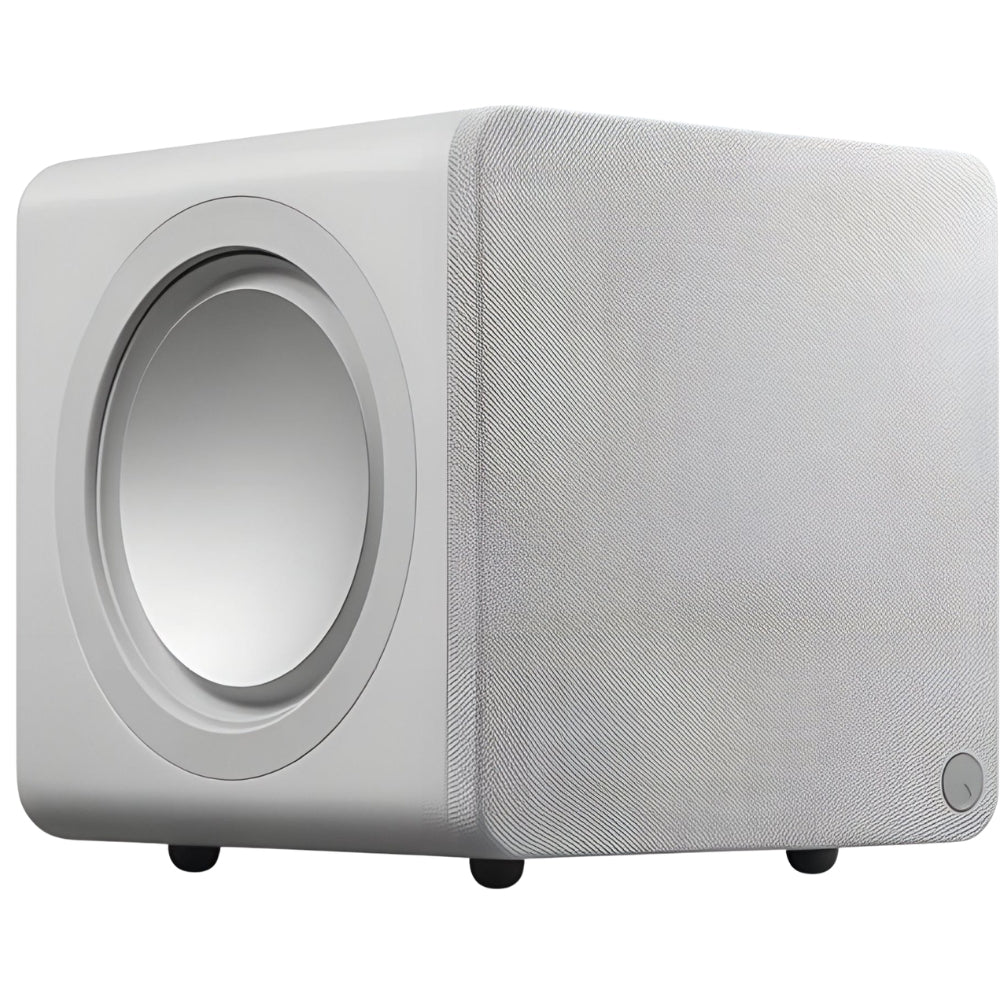 Cambridge Audio MSX Sub 200 subwoofer with black enclosure and control panel, designed for deep bass in home audio systems.