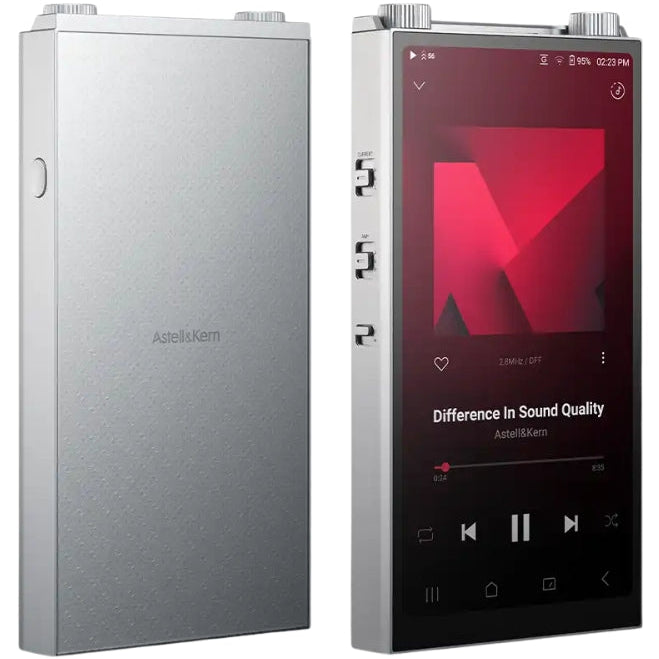 Astell&Kern PD20 portable music player with sleek black design and digital display, showing music controls and interface.