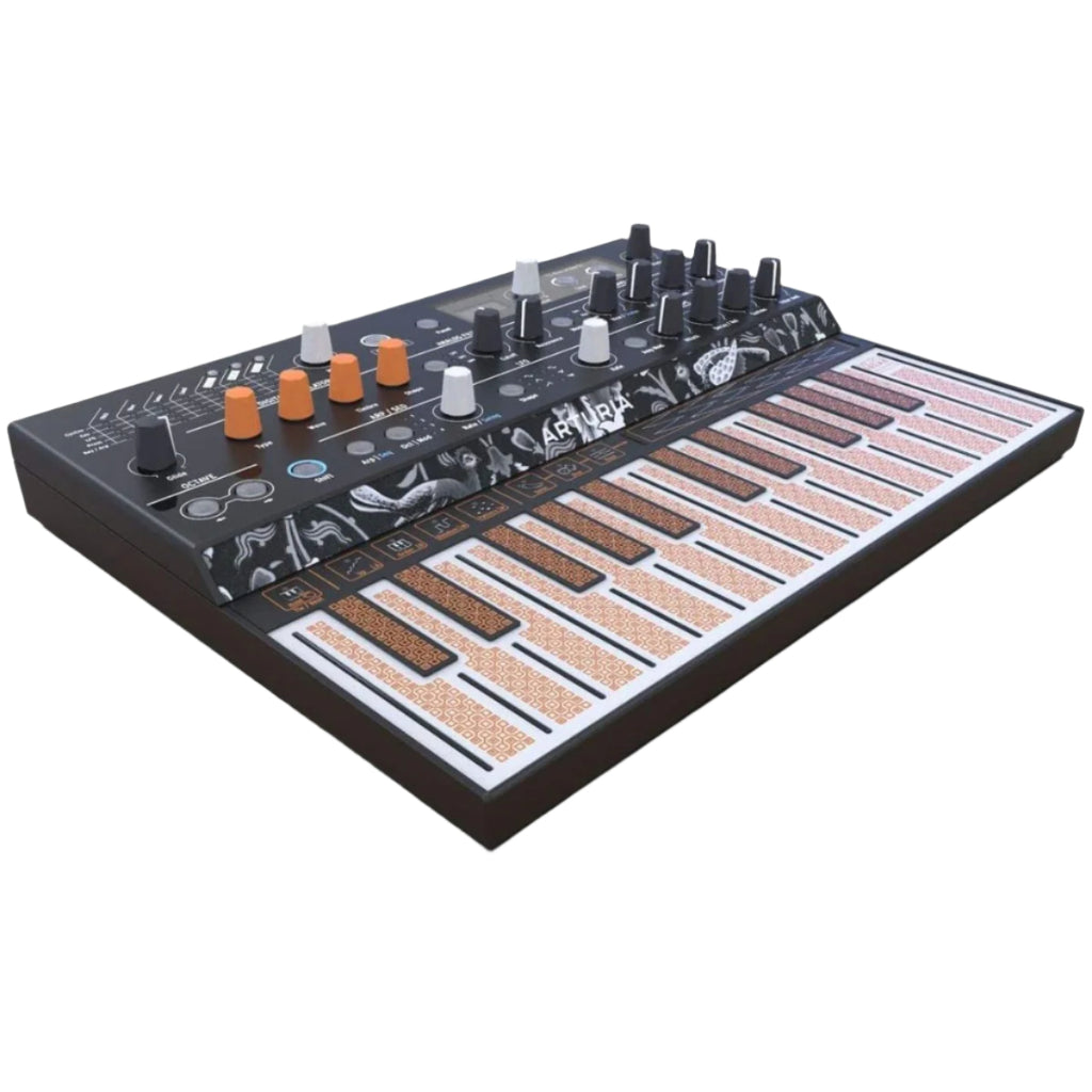 Arturia Microfreak synthesizer with black and gray keyboard, showing its compact design and control panel with knobs and buttons.