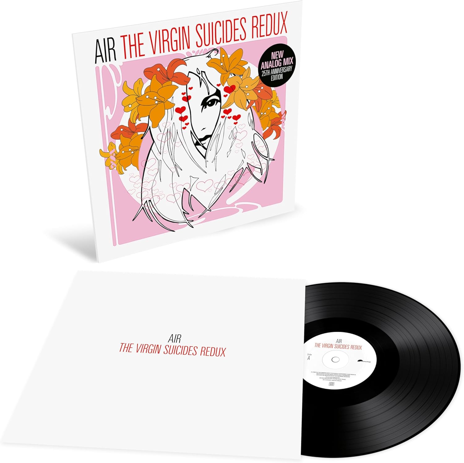 Black vinyl LP of "Air - The Virgin Suicides Redux" electronic album by Warner Music Group, shown in a sleeve with record inside.