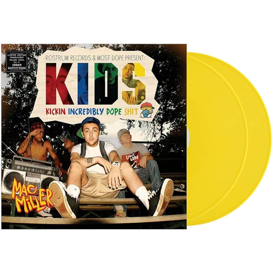 Yellow vinyl 2LP of Mac Miller's K.I.D.S. album featuring hip-hop, rap, and trap music by Rostrum Records.