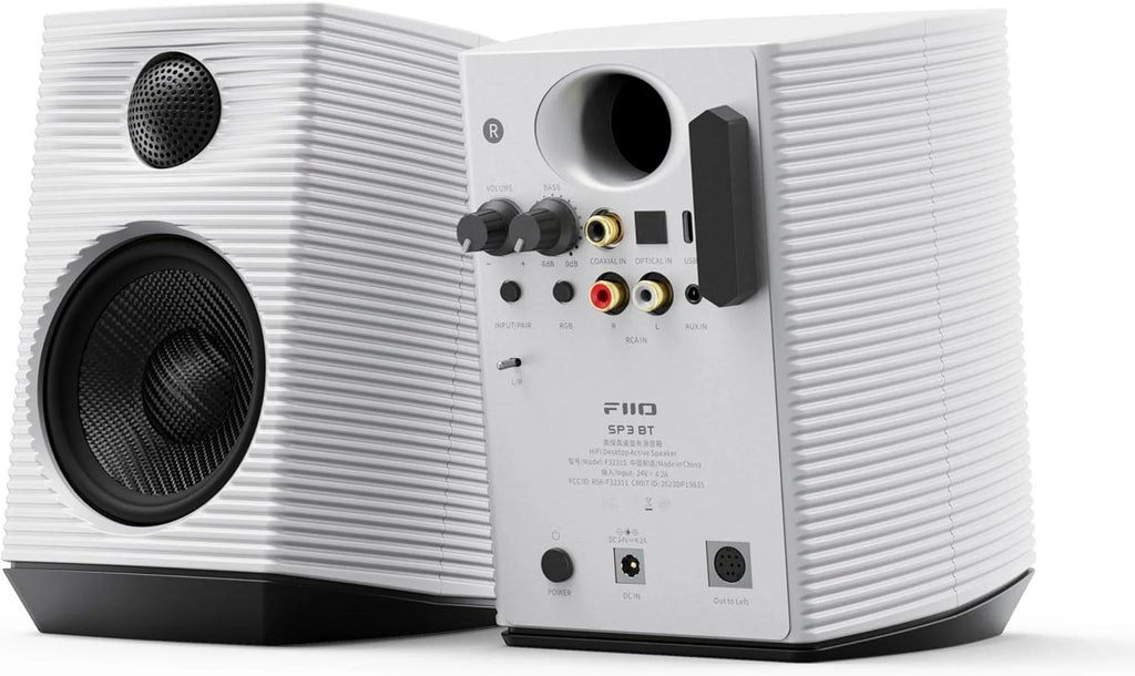 FiiO SP3 BT desktop speakers with sleek black design and compact size, featuring Bluetooth connectivity and audio output ports.
